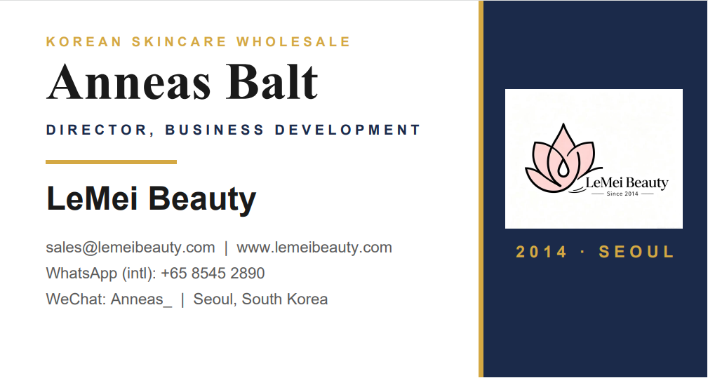Business card — Anneas Balt, Director, Business Development at LeMei Beauty. Korean skincare wholesale. Email sales@lemeibeauty.com, WhatsApp +65 8545 2890, Seoul, South Korea.